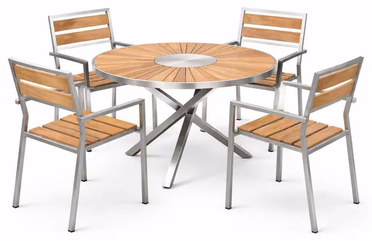4 Stühle Lavarone + Tisch Alserio 80 cm Edelstahl