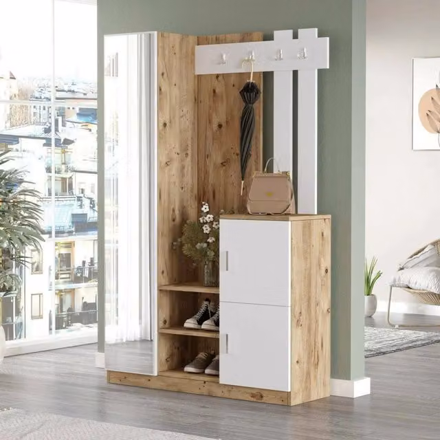 Mobile da ingresso Arco DMORA, Entratina appendiabiti e consolle portaoggetti multifunzione, L: 113.6 cm, P: 37.5 cm, H: 179.7 cm, Quercia e Bianco