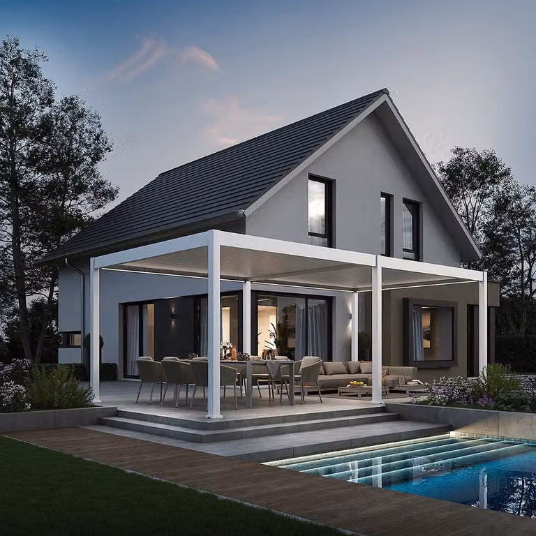 Pergola elettrica Weide E-Deluxe interamente in alluminio, 3,6x7,2 m, con tetto a lamelle bianco