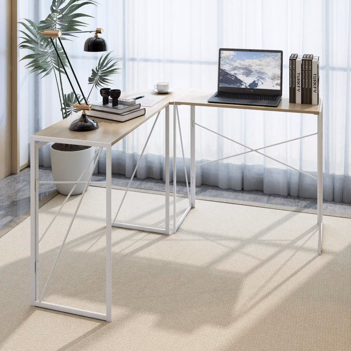 Moderna scrivania a L, scrivania angolare, scrivania per computer, scrivania per PC e laptop, scrivania da lavoro per l'ufficio domestico e lo studio, scrivania di design