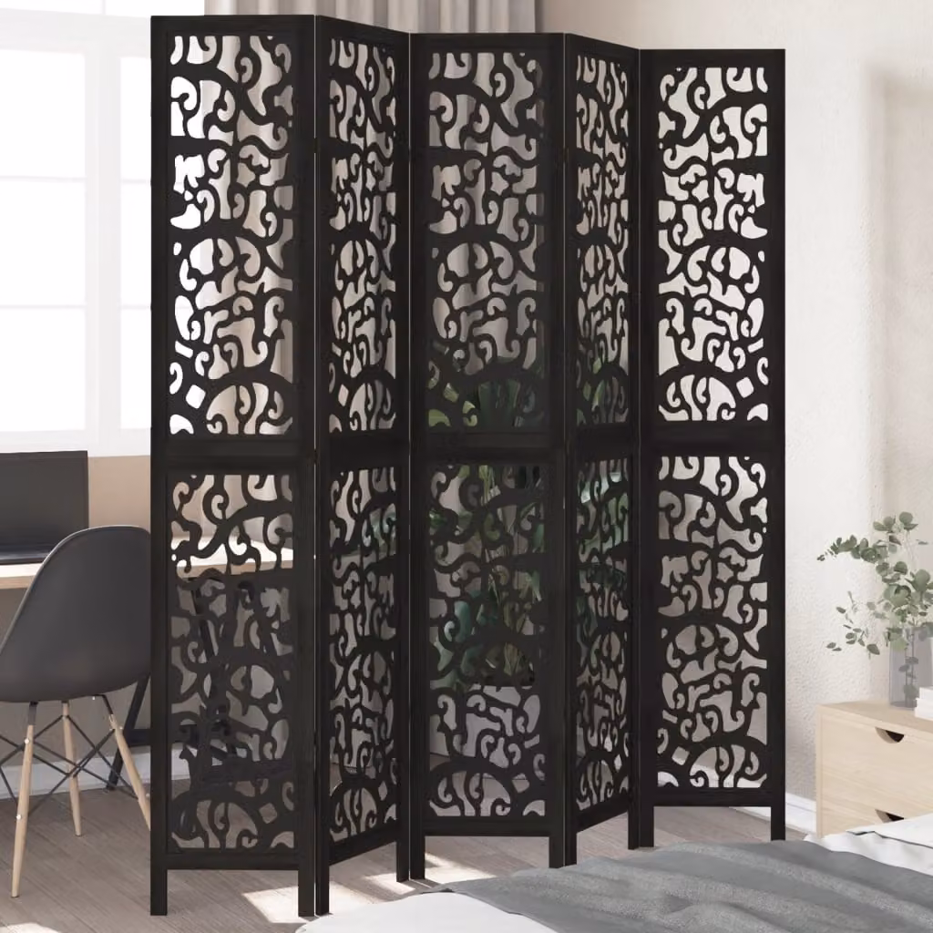 Divisorio Ambienti vidaXL con 5 Pannelli in Legno Massello di Paulownia Nero Opaco H: 180 cm, L: 220 cm