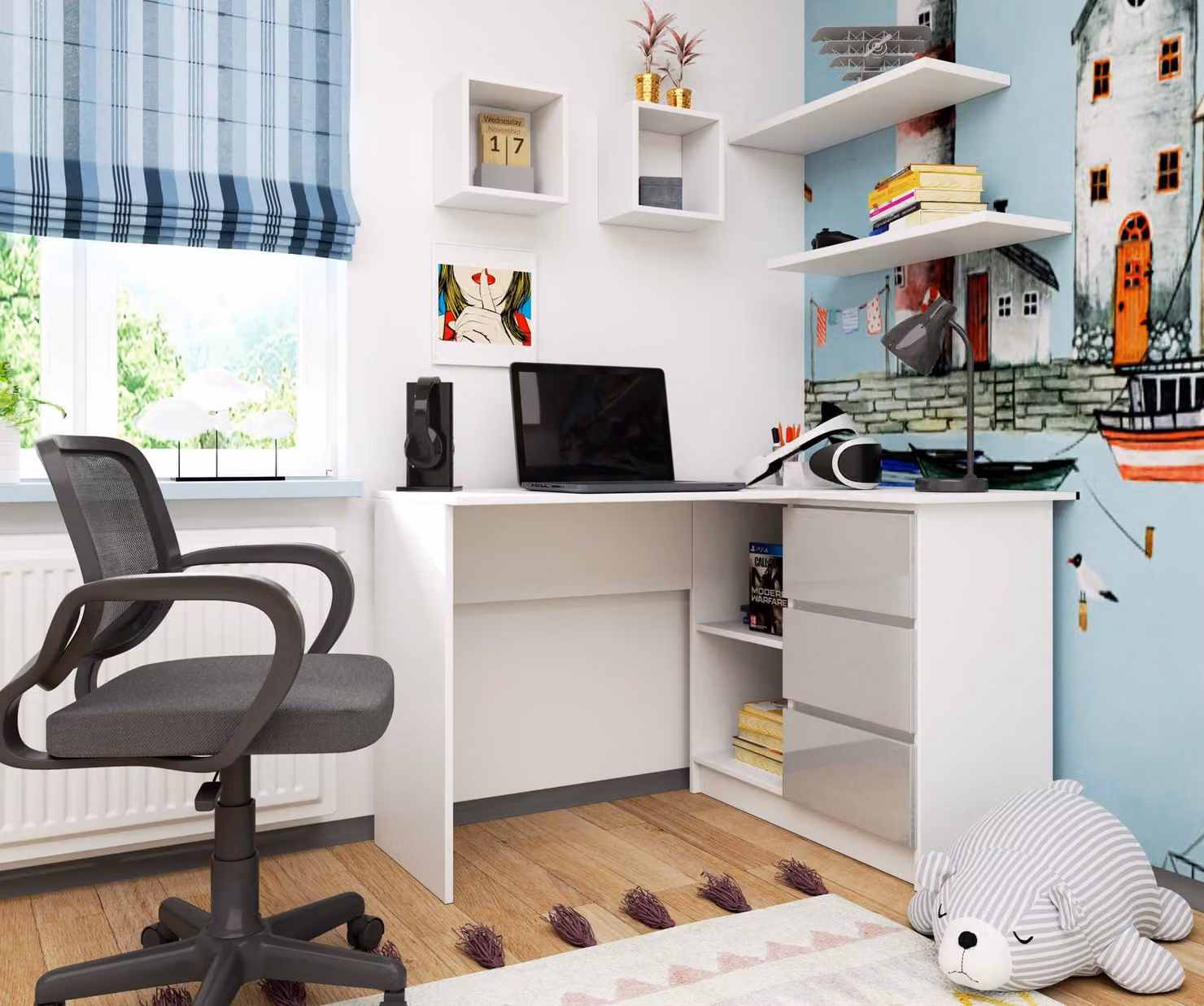 Scrivania angolare da 124 cm con 3 cassetti, scrivania per computer a forma di L, mobile angolare a 2 scomparti