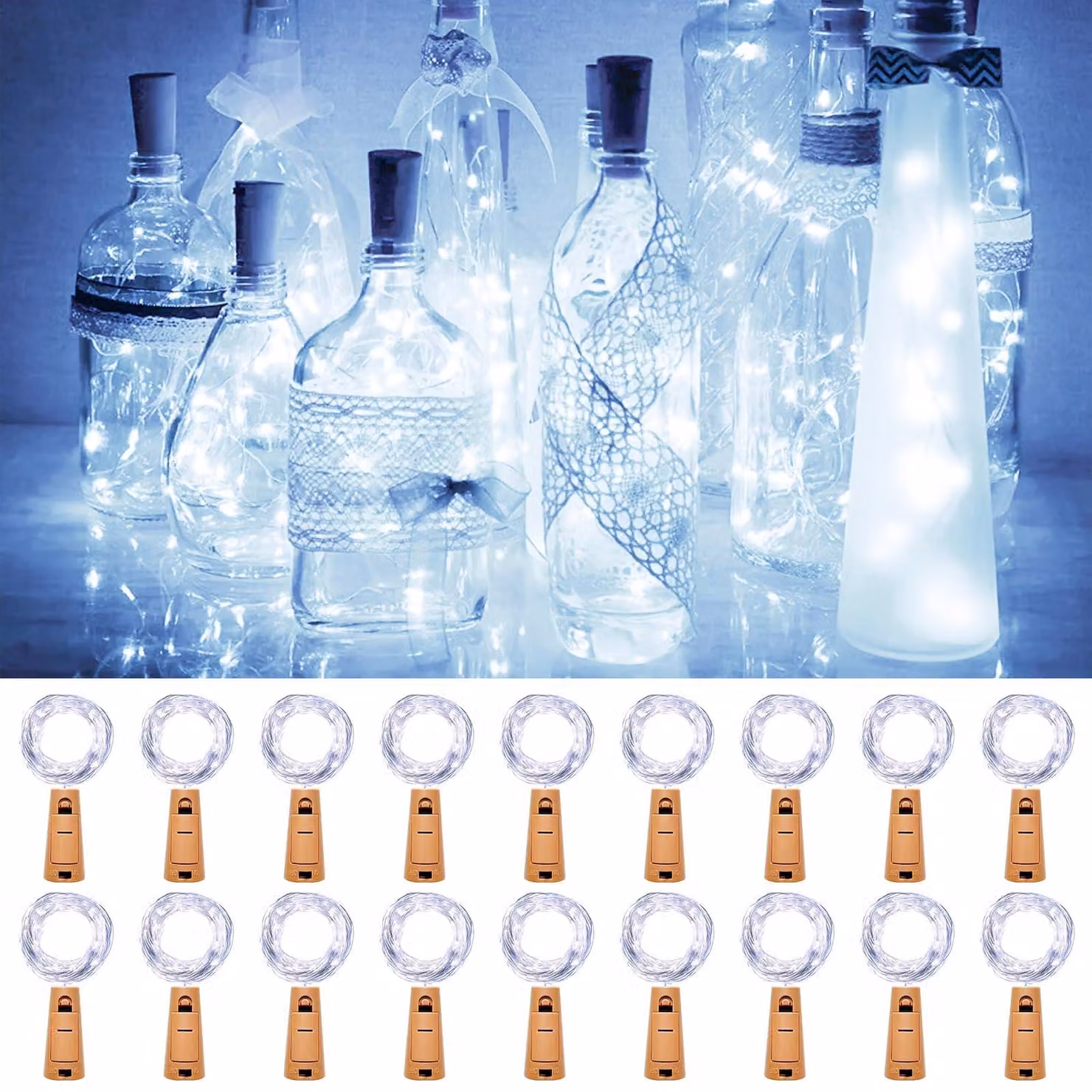 Luci a LED per bottiglie, confezione da 18 pezzi, lunghezza 2 metri, 20 LED, luce bianca fredda, alimentate a batteria