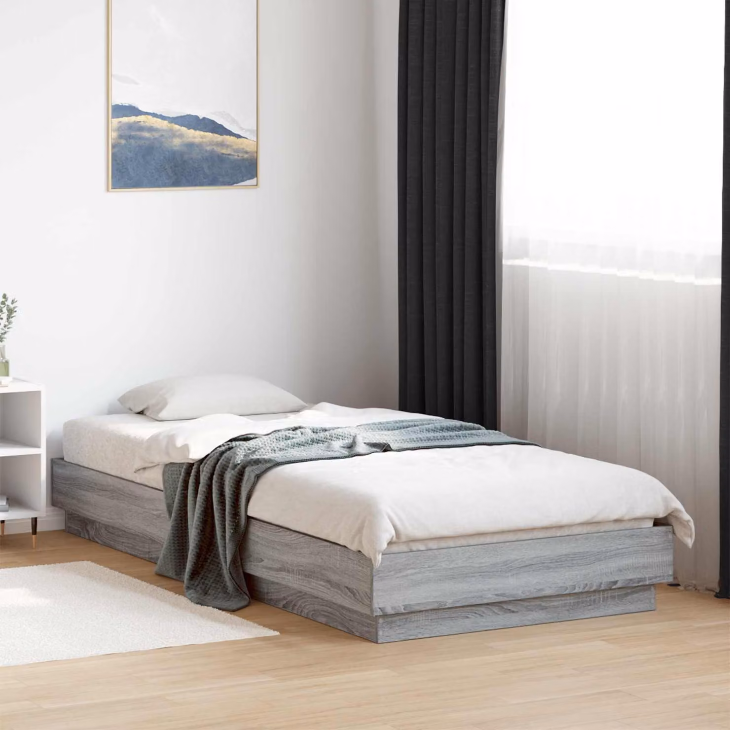 Letto matrimoniale Maison Exclusive, struttura grigia effetto Sonoma, dimensioni 80 x 200 cm, realizzato in legno composito