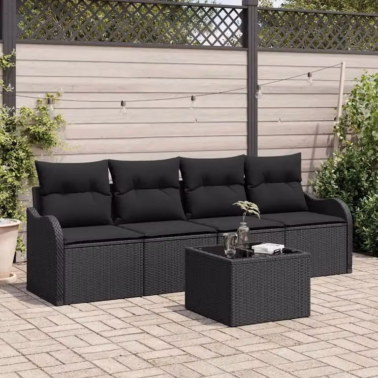 Set Divano da Giardino Moderno vidaXL a Forma a L con Tavolino e Cuscini, Colore Nero