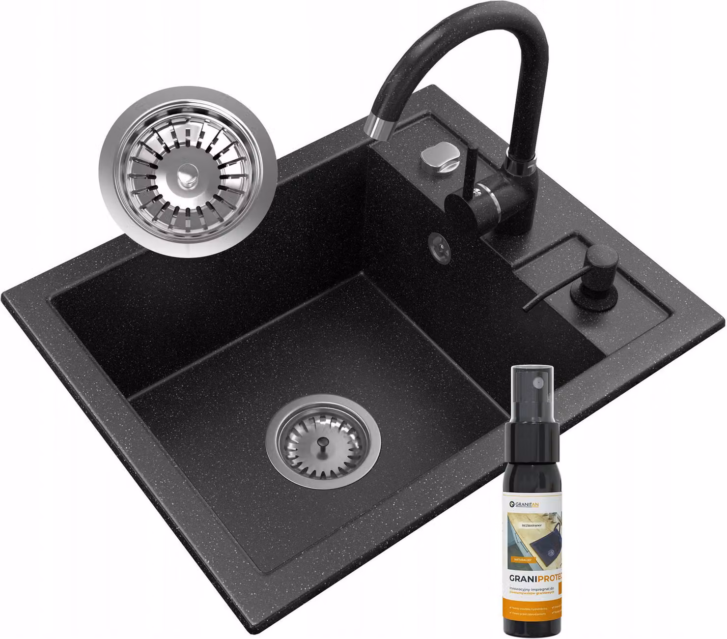 Granitan - Lavello in granito - Lavello da cucina - Lavello 50x40 cm - Nero - con rubinetteria - Lavello - BEST