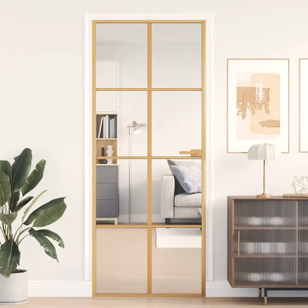 Porta interna moderna vidaXL in alluminio e vetro temperato trasparente con finitura oro, L: 83 cm, H: 201,5 cm