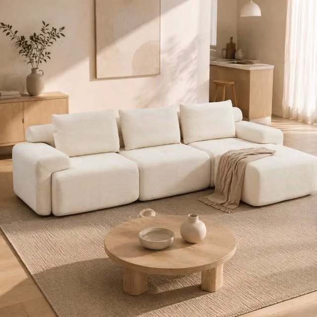 Divano angolare 305x137x69 cm bianco; chaise longue; tessuto a coste; senza montaggio