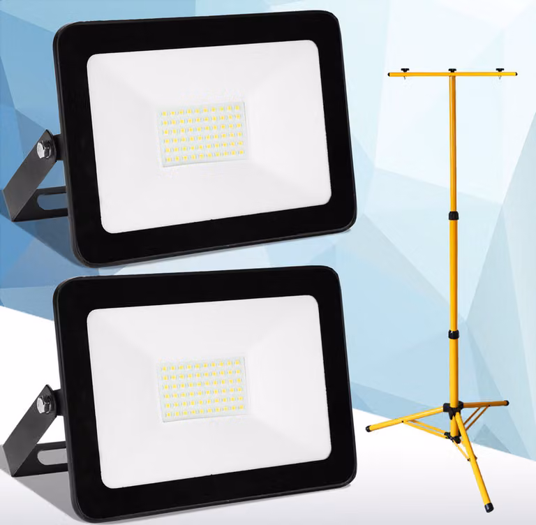 Jopassy 2x 50W LED proiettore da costruzione Proiettore a treppiede Proiettore da esterno Luce da lavoro Proiettore da costruzione IP66 Impermeabile Bianco freddo