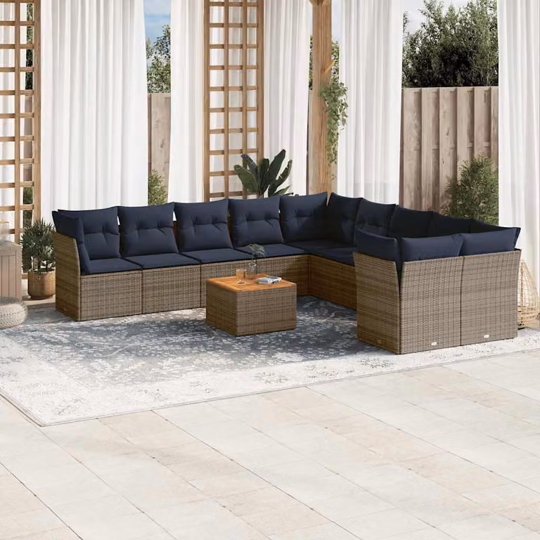 vidaXL Set Divani da Giardino 11 pz in Polyrattan Grigio con Cuscini e Tavolino da Esterno