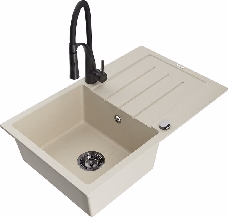 Mexen Bruno lavello da cucina in granito a 1 vasca con scolapiatti e rubinetto Aster, beige - 6513-69-73450-70-B
