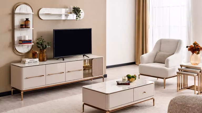 Set di mobili di design: mobile TV basso, tavolino, tavolino laterale, 2 mensole