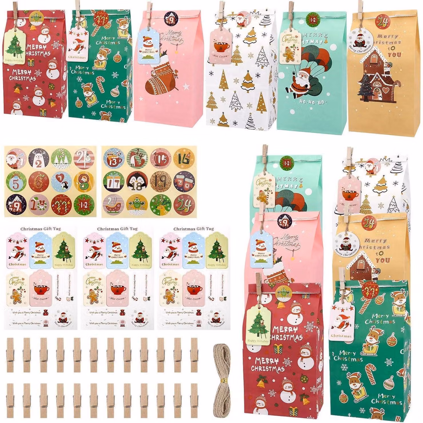 Calendario dell'Avvento da riempire, per bambini, con 24 sacchetti e numeri adesivi. Calendario di Natale fai-da-te, dimensioni 12 x 23 cm, realizzato in carta kraft