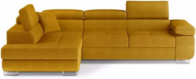 Divano angolare trasformabile MENTON MEUBLORAMA giallo bouclé con angolo sinistro, vano contenitore e funzione letto, L 272 x P 145 x H 85 cm