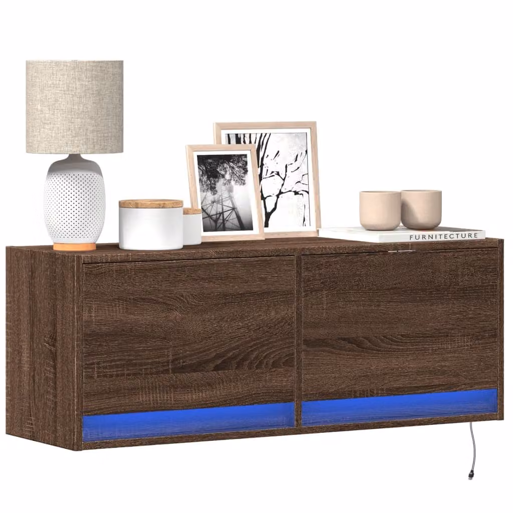 Mobile TV a parete vidaXL con luci LED integrate in rovere marrone L 100 cm, P 31 cm, H 35 cm