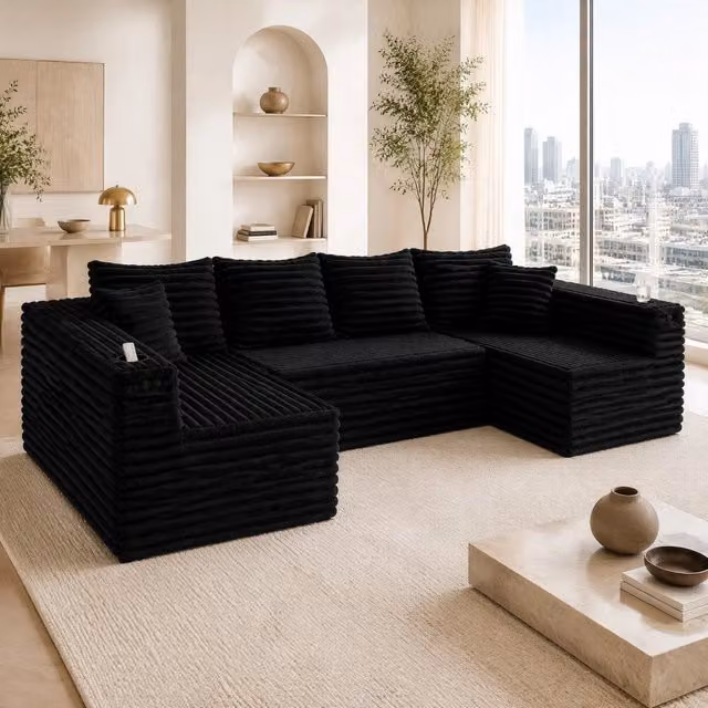 Divano a forma a U REDOM in velluto a coste nero con cuscini decorativi e portabicchieri L: 320 cm, P: 155 cm, H: 88 cm