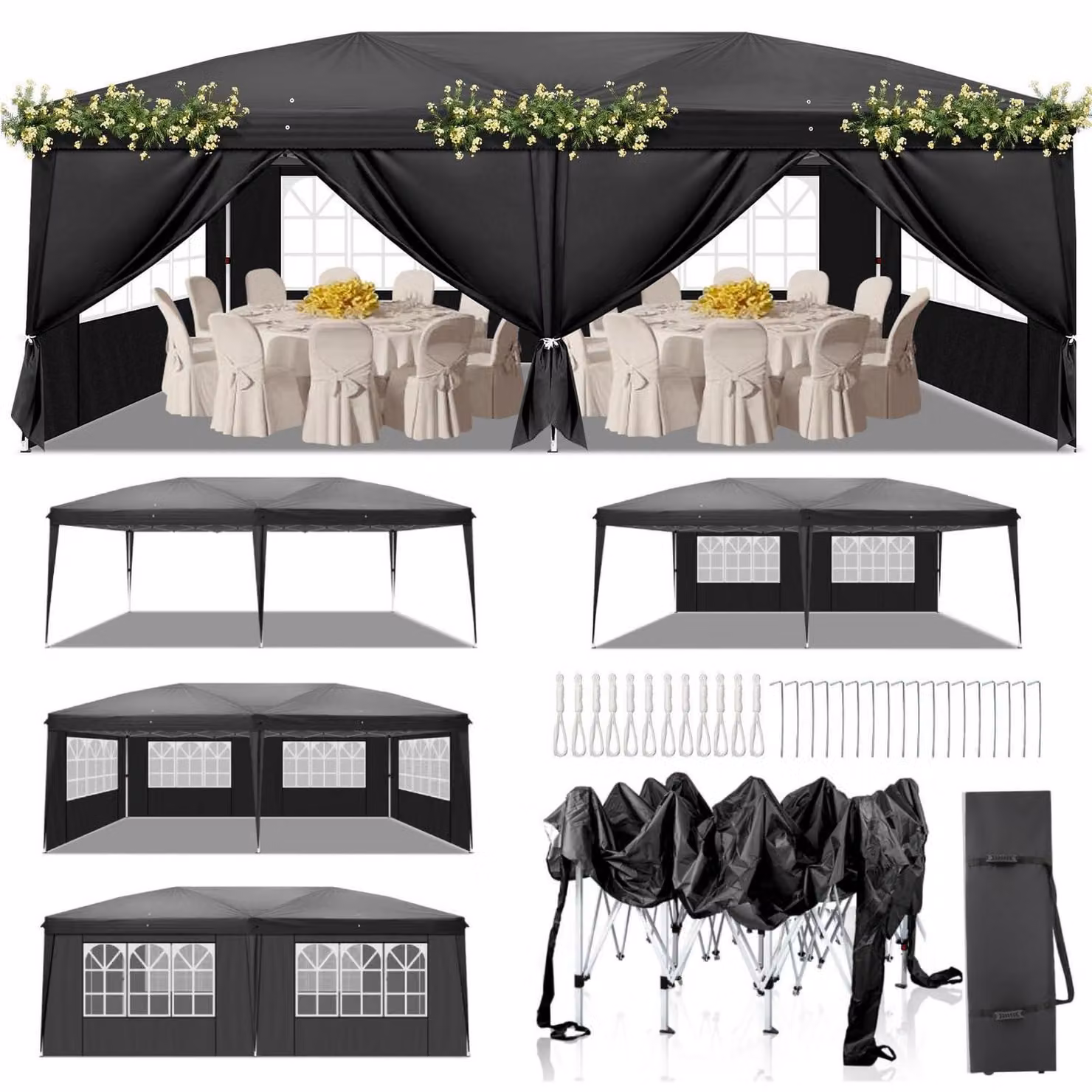 Tenda pop-up da giardino 3x6 metri, impermeabile, resistente al freddo, con altezza regolabile, protezione UV 50+, struttura in acciaio con 6 pannelli laterali, colore nero