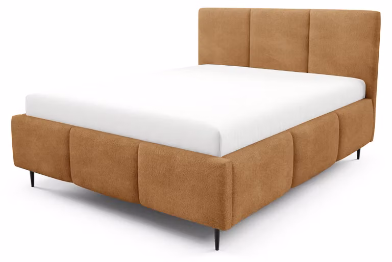 Letto imbottito con contenitore integrato, modello Melora, color caramello, dimensioni 140 x 200 cm