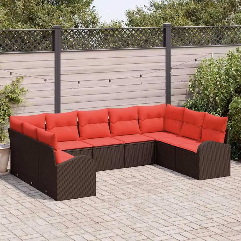 Maison Exclusive - Set di divani da giardino, 9 pezzi, color marrone e rosso, in rattan sintetico