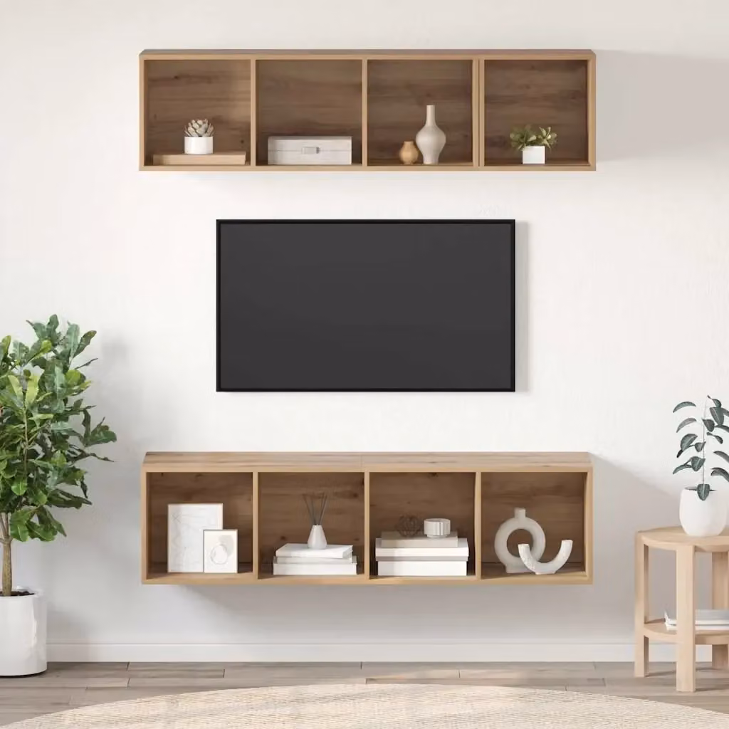 Set di 3 pezzi mobile porta TV moderno in legno multistrato color rovere opaco con vani porta media – 2