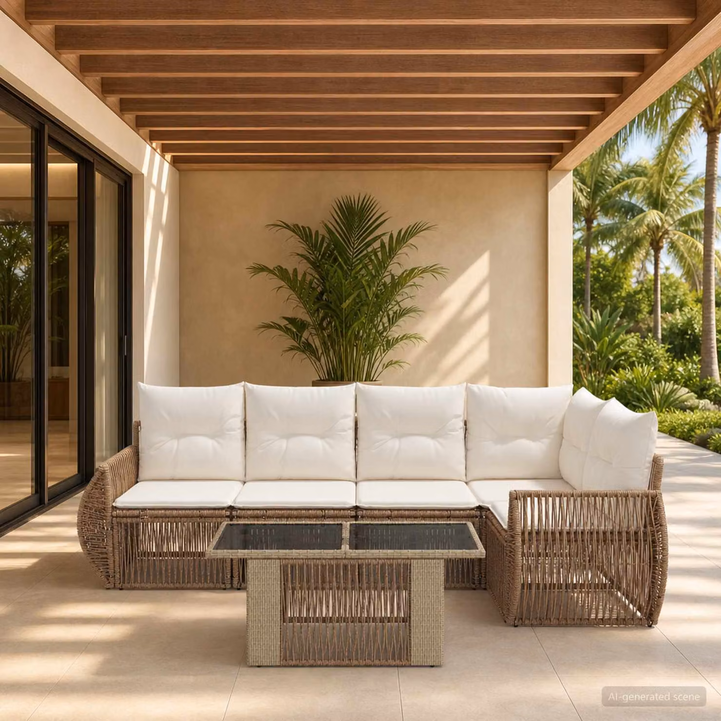 Set Divano da Giardino vidaXL 6 pz a Forma a L con Tavolino, Colore Beige e Bianco, Struttura in Metallo e Polyrattan con Cuscini Inclusi