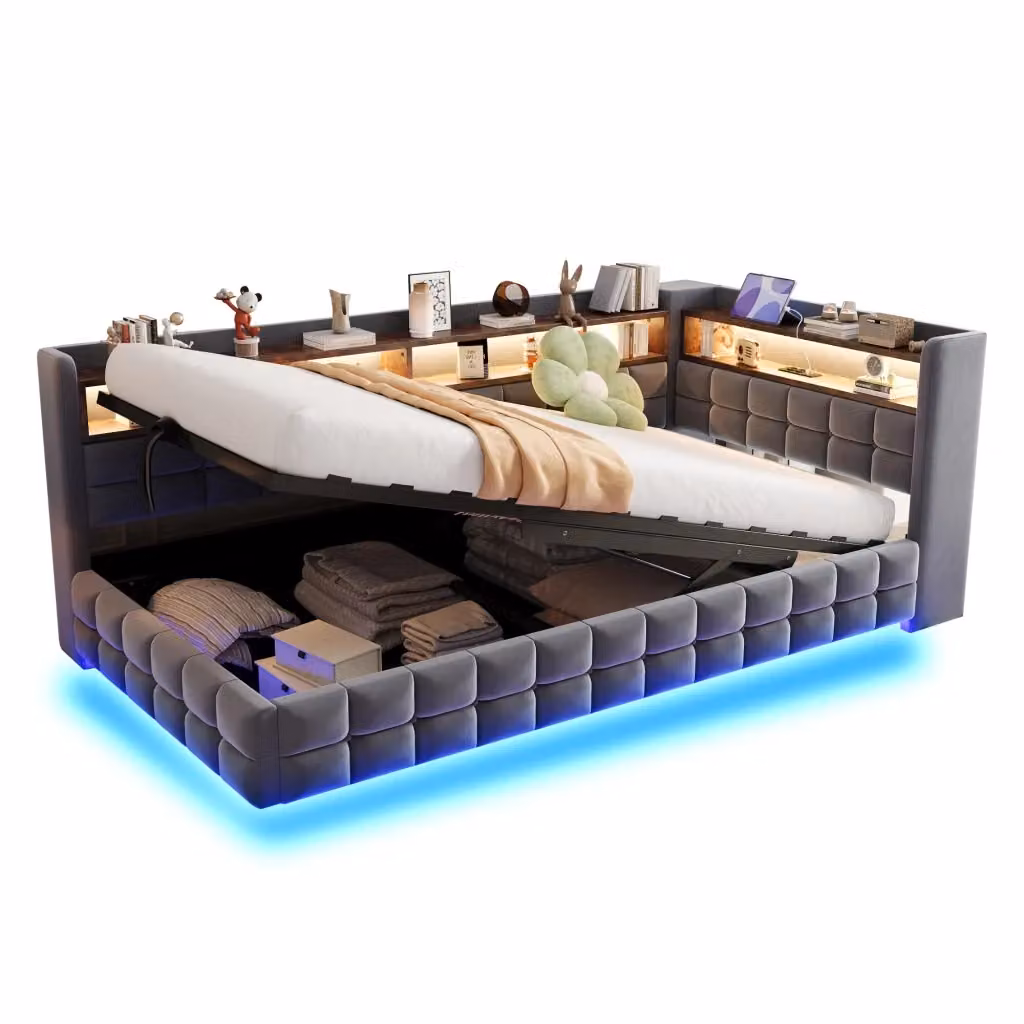 Letto singolo imbottito Chicfurn con contenitore e illuminazione LED, porta USB e ripiani, grigio, L/P/H: 90 x 200 x 48 cm – 2