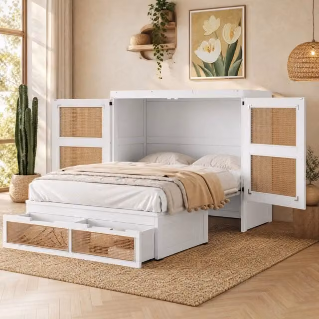 Letto a scomparsa multifunzione 140x200 cm; design rattan; bianco; con cassetti