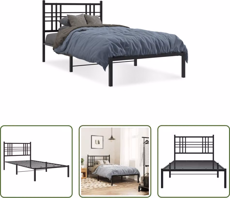 The Living Store Struttura letto con testiera in metallo nero 90x190 cm