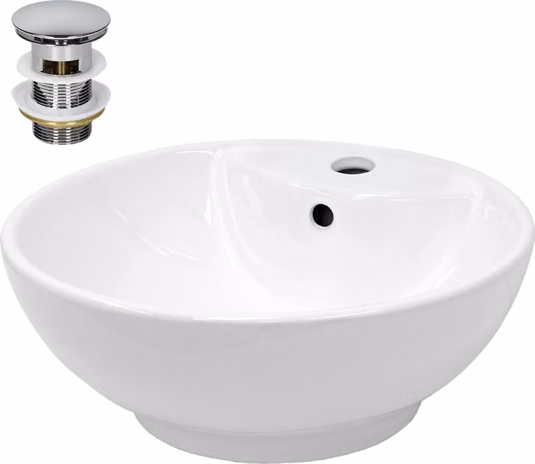 Lavabo LuxeBath Lavabo da appoggio rotondo, Ø 45,5x18,5 cm, bianco, in Vetroceramica, incl. set di scarico con troppopieno