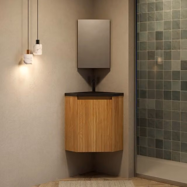 Mobile lavabo angolare da bagno WISHDOR con lavabo in resina nero opaco ed effetto legno naturale, sospeso, Larghezza: 38 cm