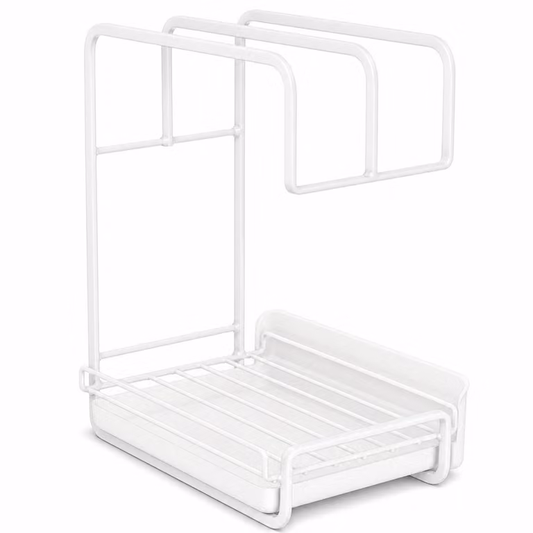 27x22x14,5 cm: portaoggetti da cucina Acciaio al carbonio, porta-strofinacci con vaschetta raccogli-acqua rimovibile - DRYORA Bianco