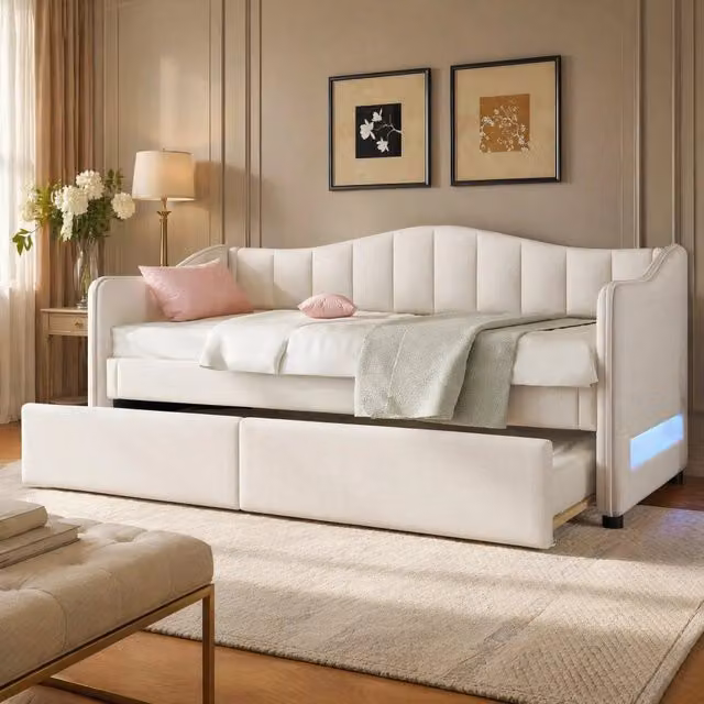 Letto singolo beige con struttura imbottita in tessuto, illuminazione LED sottostante e cassetti, L/P/H: 90 x 200 x 40 cm