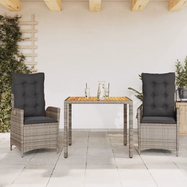 Set da pranzo da giardino vidaXL in legno di acacia oliato e polyrattan grigio con 3 pezzi e cuscini