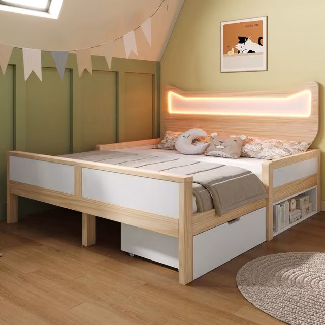 Letto Singolo con Testiera a Orecchie di Gatto, LED RGB e Cassetto ¨C MINIMAL ¨C Bianco/Rovere 140x200