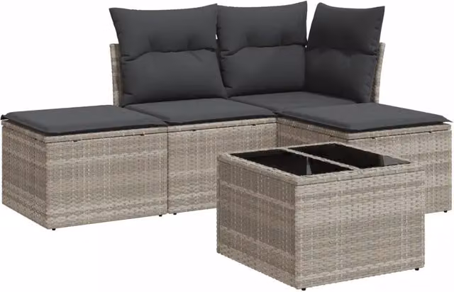 Set Divano da Giardino 5pz | Set Salotto da Giardino con Cuscini Grigio Chiaro Polyrattan