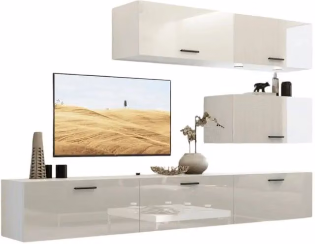 Set di mobili da soggiorno bianchi sospesi collezione CEPTO XXV. 249cm, 6 pezzi, led, modulari.