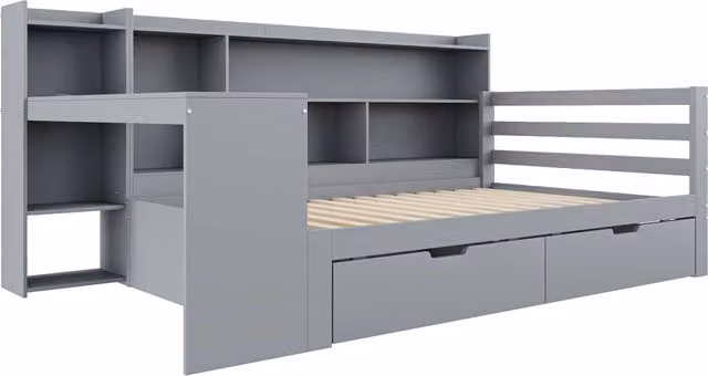 Divano letto multifunzionale in legno massiccio 90x200 cm con scrivania, scaffali e prese usb, colore grigio