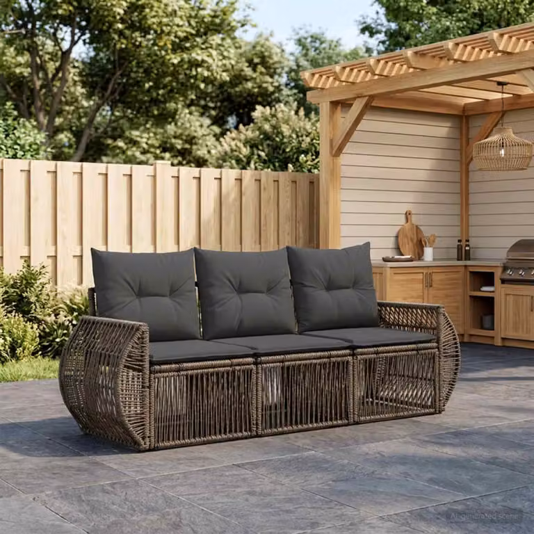 Set Divano da Giardino vidaXL 3 Pezzi in Polyrattan Grigio e Antracite con Cuscini e Struttura in Acciaio