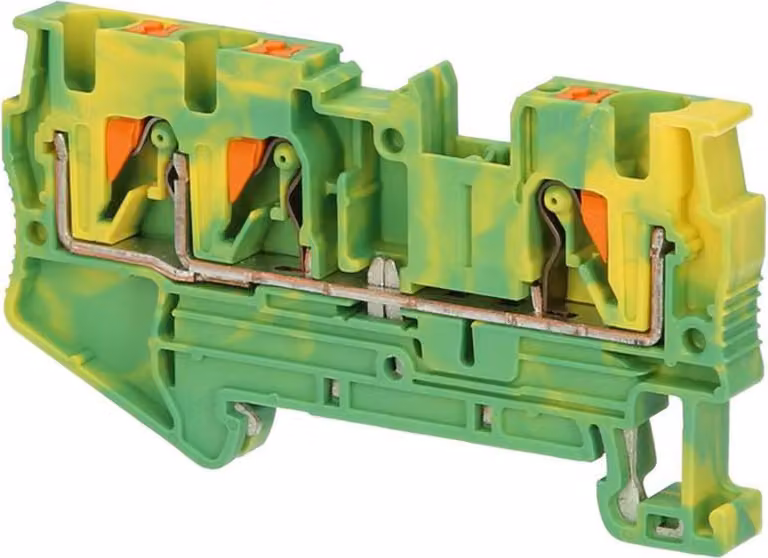 Phoenix Contact, morsetto a fila per conduttori di protezione, modello PT 4-QUATTRO PE, con connessione a molla (Push-In), sezione nominale da 0,2 mm² a 6 mm², equivalente a AWG24