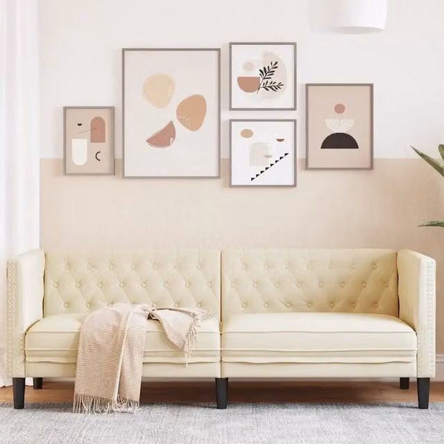 Divano Chesterfield a 3 Posti vidaXL in Similpelle Beige con Struttura in Legno Solido L: 194 cm, P: 74,5 cm, H: 70,5 cm