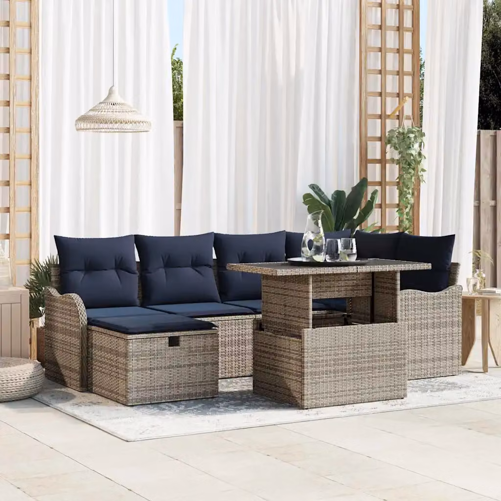 Set Divano da Giardino vidaXL 7 pz Grigio in Polyrattan con Cuscini e Tavolino da Esterno