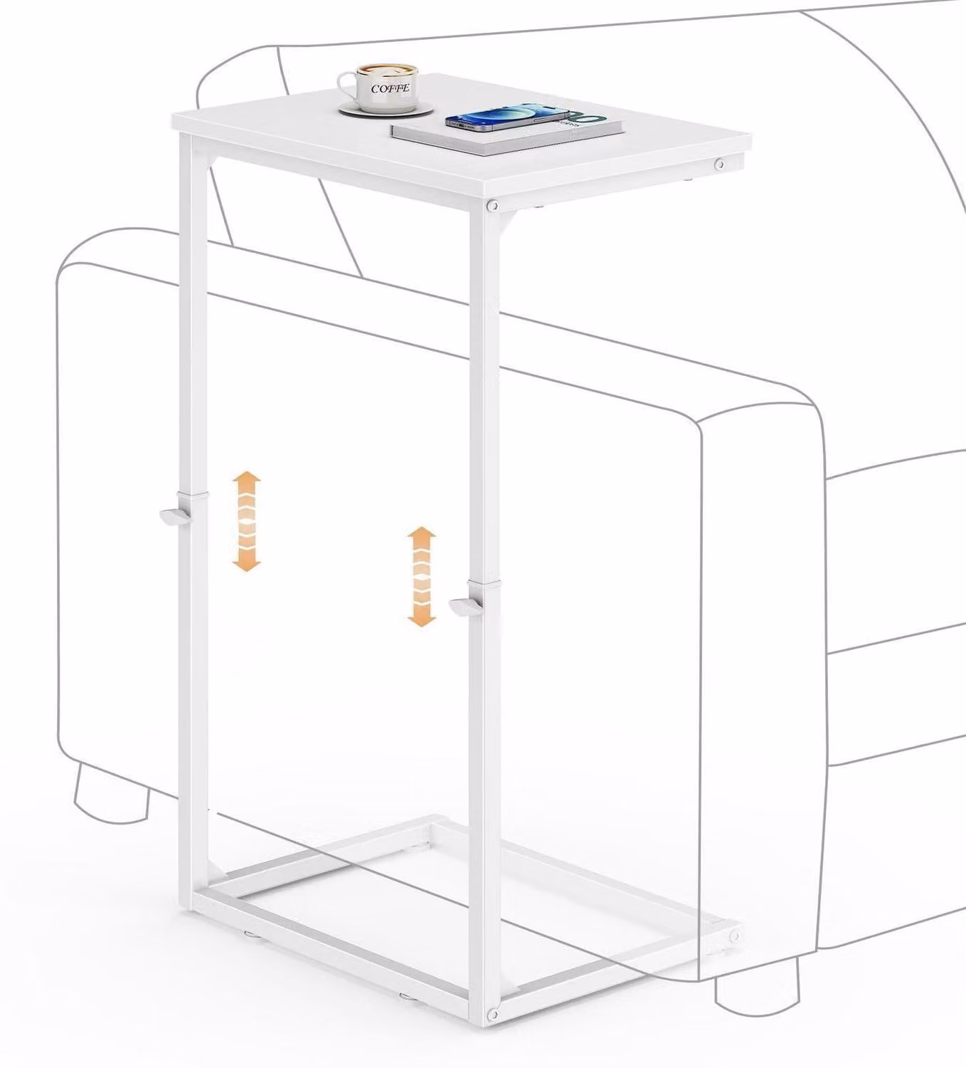 Tavolino laterale C-Form, regolabile in altezza da 45 a 85 cm, bianco. Tavolino mobile per divano con struttura in metallo, utilizzabile anche come scrivania per laptop o comodino