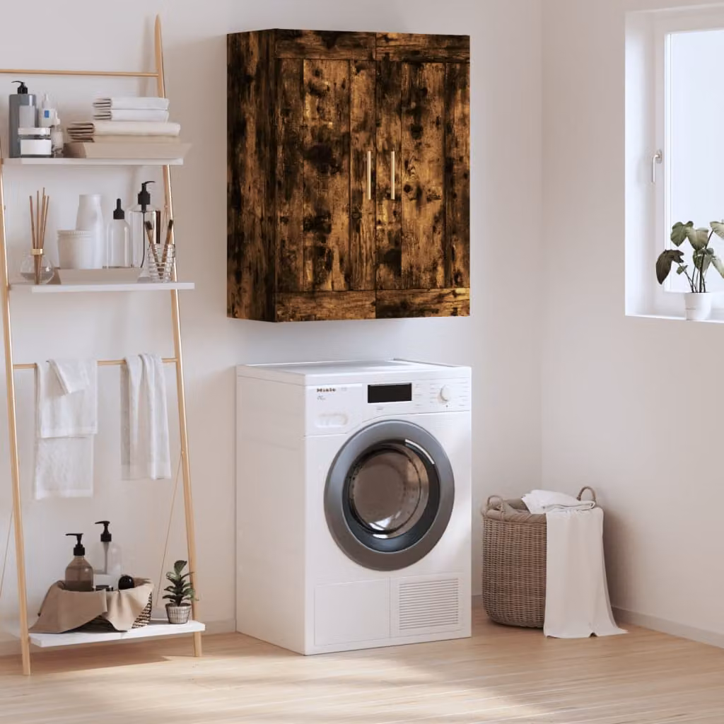Mobile a parete vidaXL in legno multistrato e metallo, colore rovere fumo e oro, L 69,5 cm x P 34 cm x H 90 cm