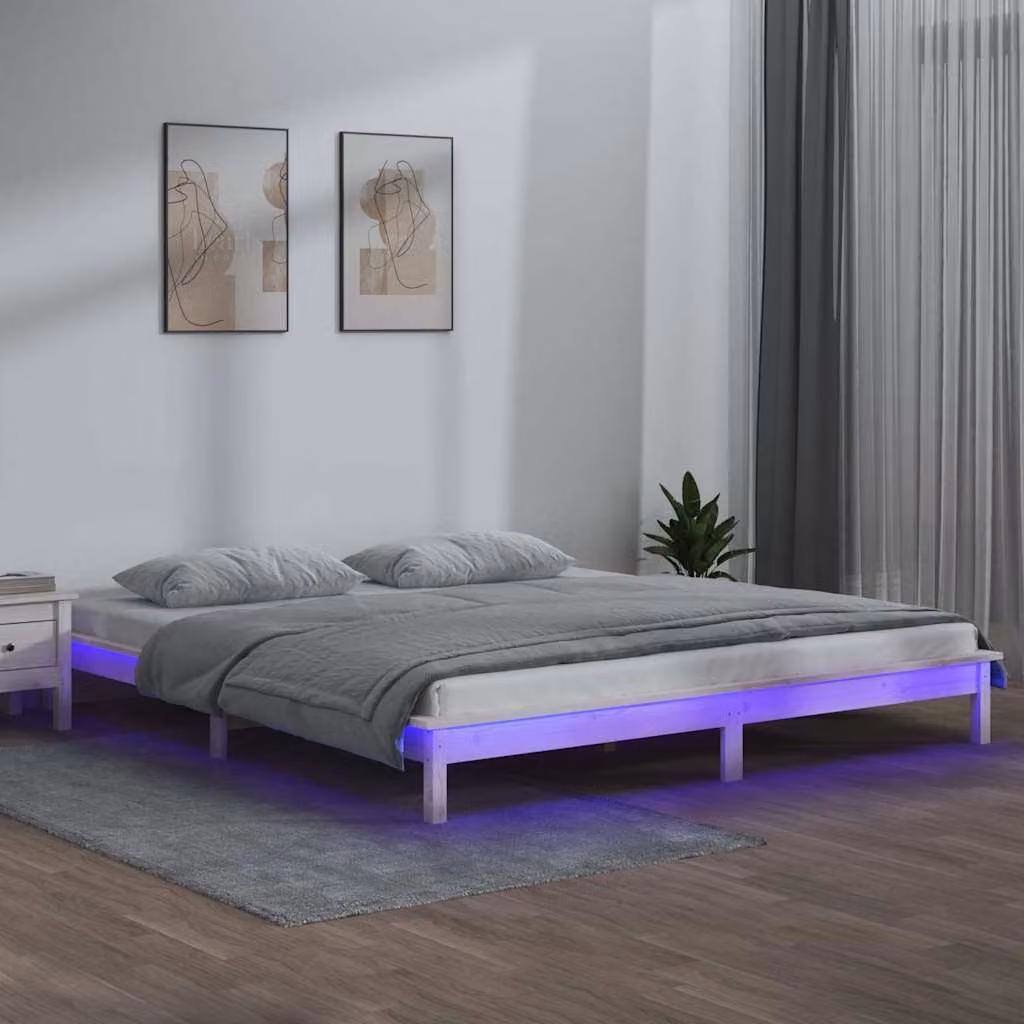 vidaXL Giroletto in Legno di Pino Massello con LED Bianco e Porte USB, L/P: 160 x 200 cm