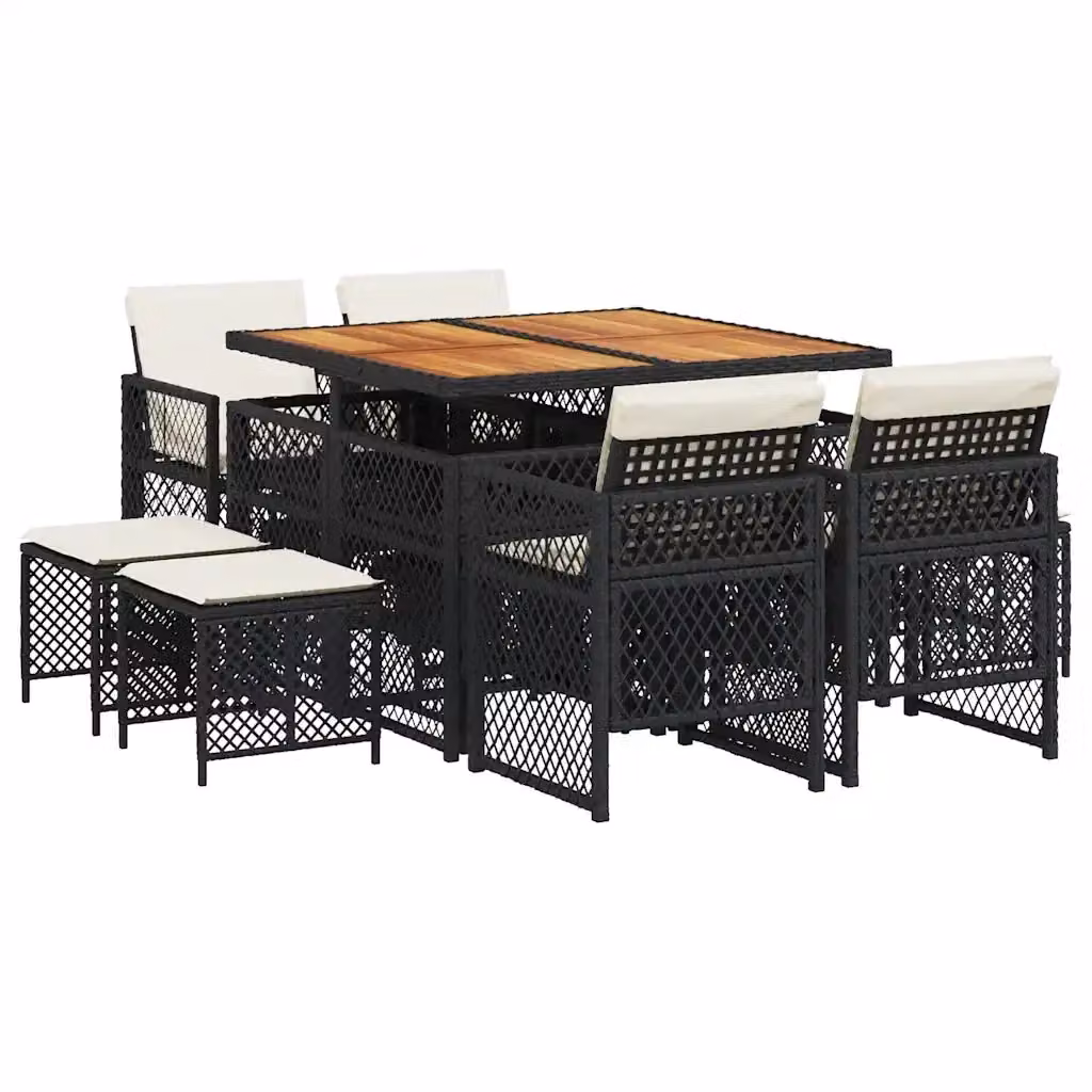 vidaXL Set da Pranzo da Giardino 9 pz in Polyrattan e Legno di Acacia con Cuscini Nero e Bianco – 2