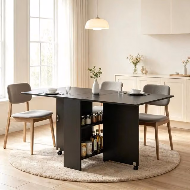 Tavolo da pranzo pieghevole e allungabile WISHDOR con ruote e piano estensibile, colore nero, L/P/H: 140 x 60 x 74 cm – 1