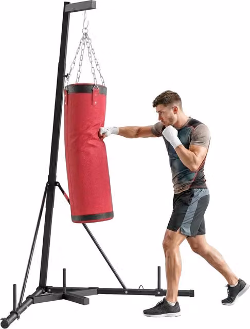 Supporto per Sacco da Boxe Regolabile in Acciaio e Tela con Sacco, Base Triangolare per Casa, Rosso, 175x91x185-231 cm
