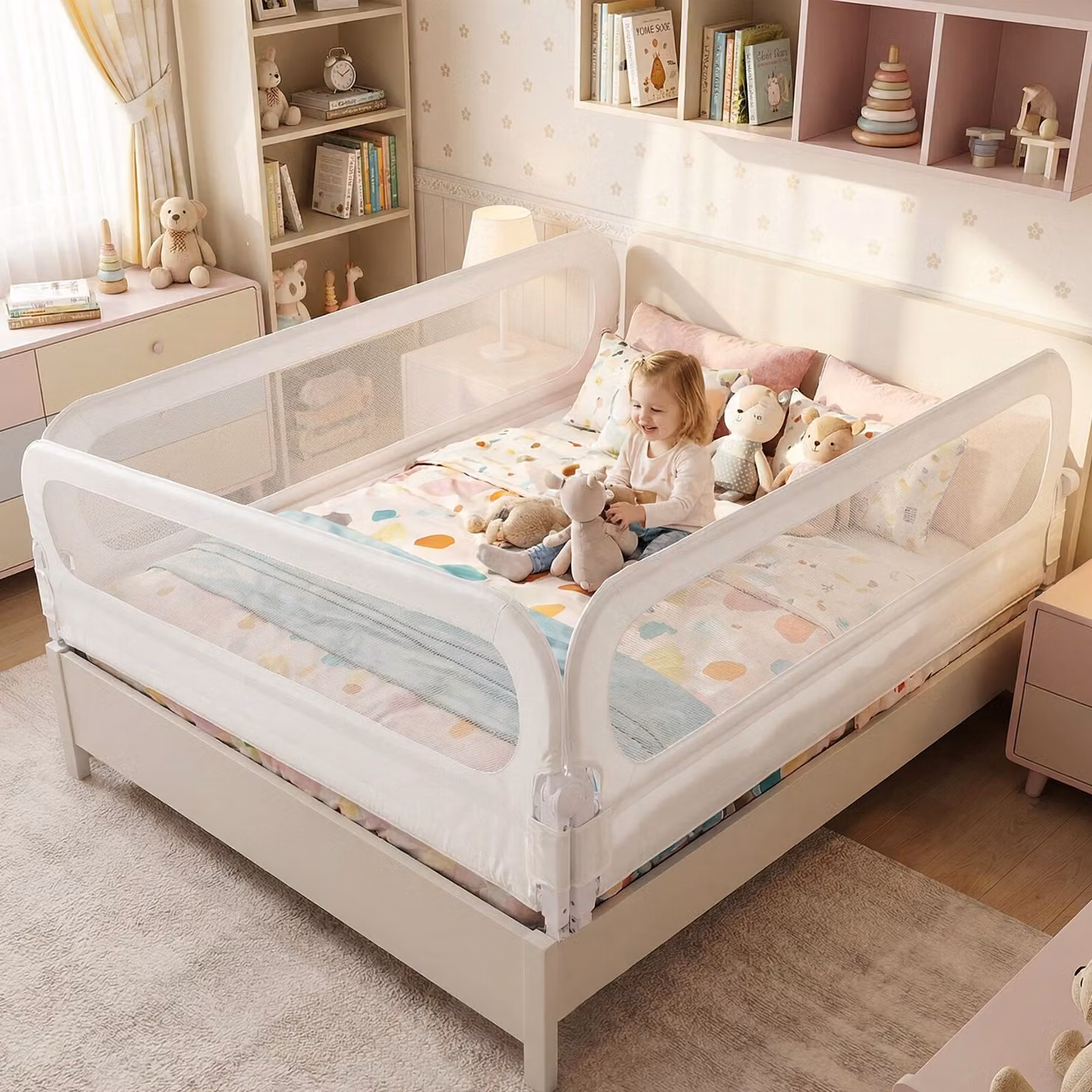 Set di 3 sbarre protettive regolabili Costway bianche, incluse 2 sbarre pieghevoli da 198 cm e 1 sbarra da 178 cm con accessori completi