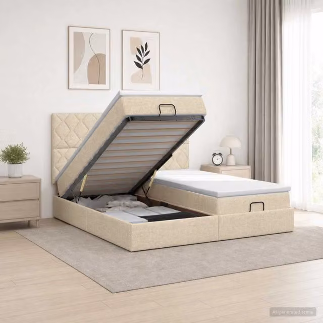 Letto ottomano con materasso e testiera vidaXL in tessuto beige e bianco L/P/H: 180 x 200 x 88 cm
