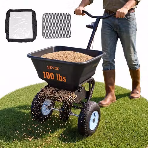 Seminatrice per Trattore a Rimorchio VEVOR con Guida da Terra e Ruote per Tutti i Terreni da 330 mm, Spandiconcime con Tramoggia a Griglia per Semi e Scioglimento del Ghiaccio